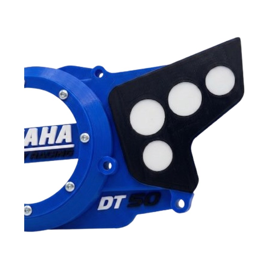 Tampa DT50 Factory Racing azul — pormenor da proteção lateral