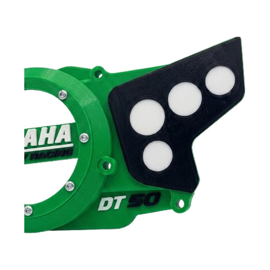Tampa DT50 Factory Racing verde — pormenor da proteção lateral